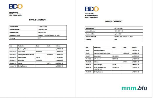 Philippines Asia United Bank (AUB) szablon wyciągu z konta w programie Word i PDF